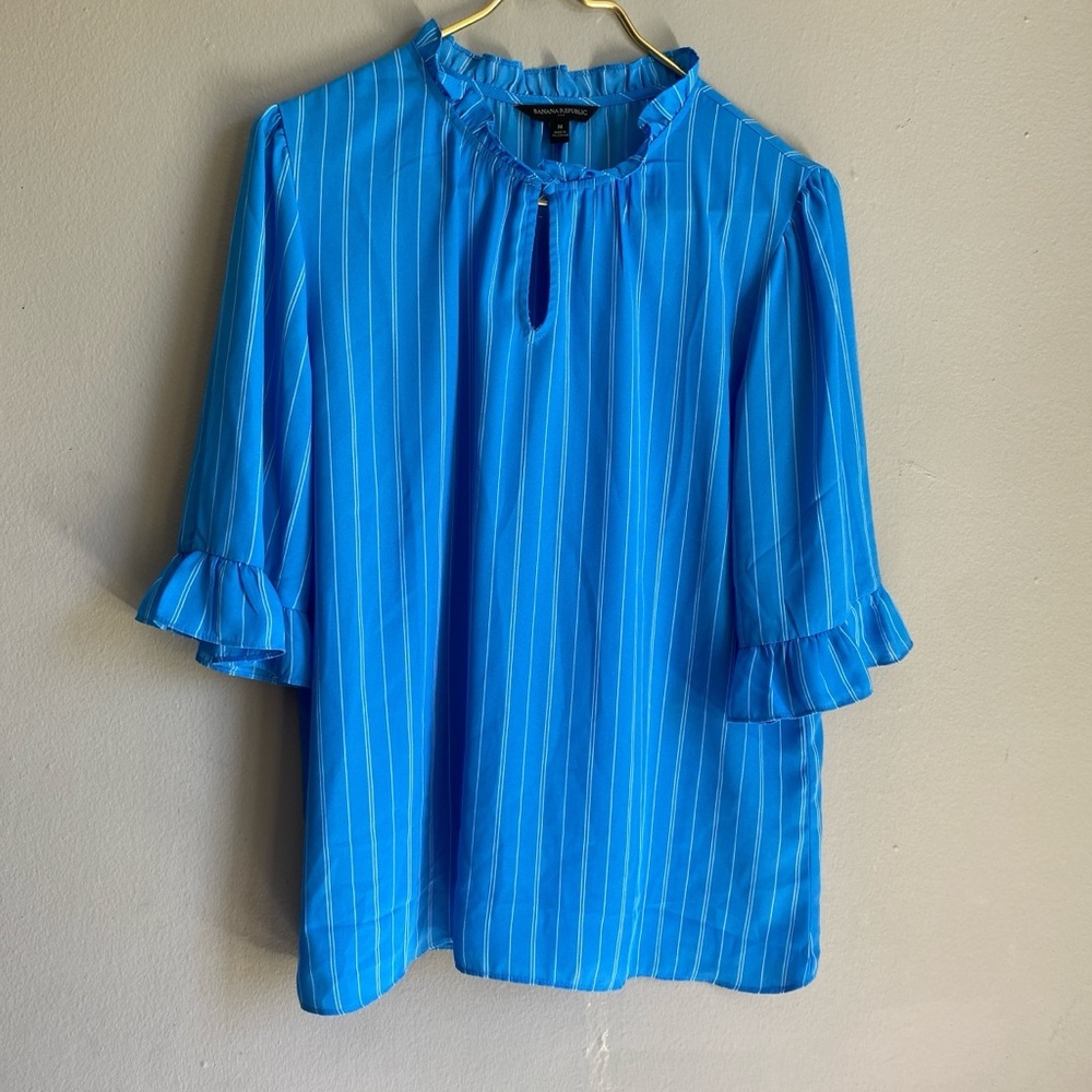 Banana Republic Bright Blue Pinstripe Ruffle-Neck Blouse